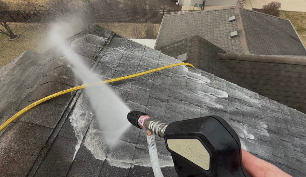 Roof soft wash black streak removal asphalt shingles Will County IL